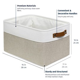 OrganiHaus Large Fabric Storage Baskets for Shelves 3 Pack, 15x11in Closet Storage Bins for Shelves, Canvas Baskets for Organizing, Linen Closet Organizers, Cloth Basket, Beige/Off-White