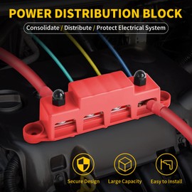 Bolipoeq Power Distribution Block 250A 12V Bus Bar 4 x 5/16"(M8) Studs for Automotive Marine Car Audio, 12 Volt Battery Busbar Terminal Block with Waterproof Cover (Pack of 2, Positive & Negative)