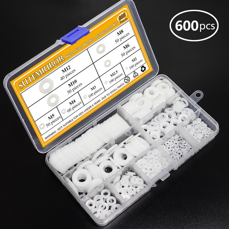 Sutemribor Nylon Flat Washer Assortment Set 600 Pieces, 9 Sizes