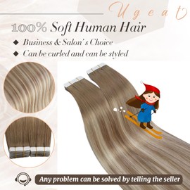 Ugeat Real Hair Extensions Tape Light Brown with Light Blonde Invisible Tape Extensions Real Hair Ombre Hair Extensions Balayage 20 Pieces 45 cm 50 g