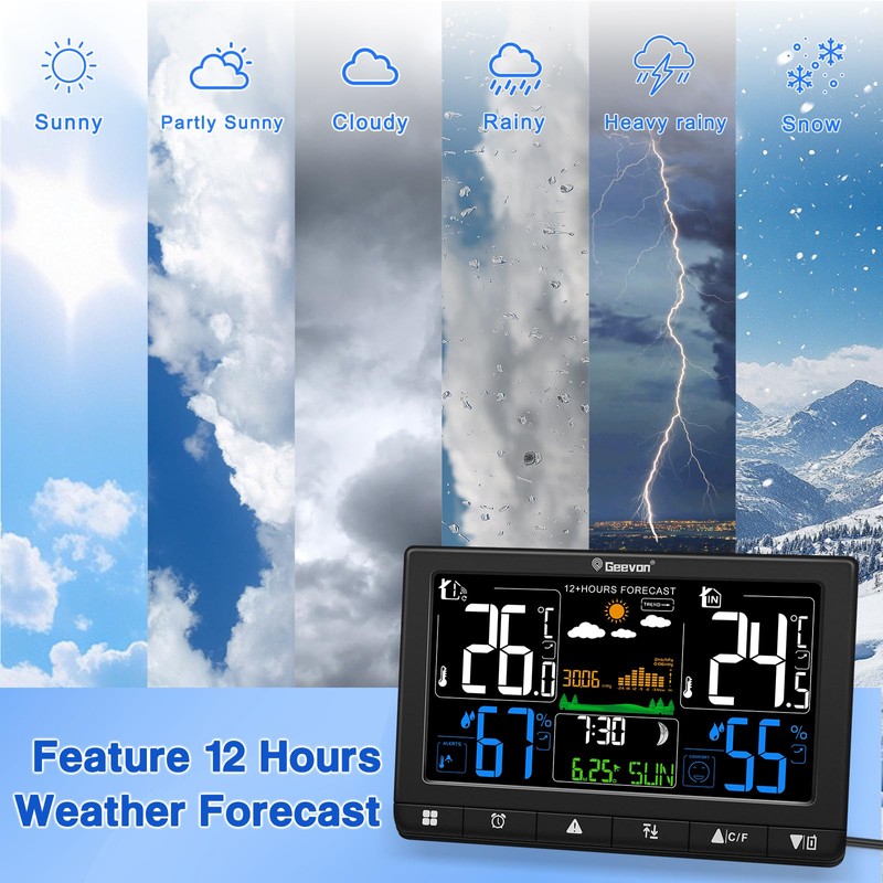 Geevon Weather Stations Wireless Indoor Outdoor Thermometer, Color VA Display