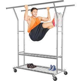 Poncho Heavy Duty Clothes Rack Load 630LBs, Commercial Garment Rack with Adjustable Bars and Wheels for Home and Boutique Use