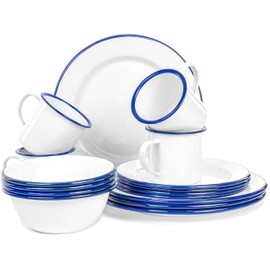 Red Co. 16-Piece Enamelware Metal Dinnerware Set for 4, Solid White/Navy Blue Rim