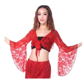 [Getrays] Women Belly Dance Top, 3/4 Flare Sleeves Wrap Top, Knot Bandage Floral Shawl Crop Top for Dance Wear, Lace Butterfly Crop Top, Tribal Belly Dance Yoga Costume Accessories for Women Girls,