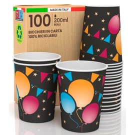 100 Paper Cups 200ml Eco Friendly Biodegradable Disposable Cups Made in Italy for Sports Hot Drinks Colourful Fantasia Black Party - Made and Packed in Italy