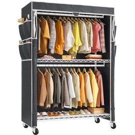 Raybee Heavy Duty Clothes Rack with Cover, 81" H Clothing Racks for Hanging Clothes with Wheels & Adjustable Feets, Portable Clothes Rack Freestanding Closet Garment Rack Max Load 500LBS (White)