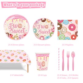 Two Sweet Birthday Party Supplies for 2 Year Old Girl, 202 Pcs Donut Party Decorations for Girls Baby - Table Cover, Plates, Cups, Napkins, Utensils, Serves 25 Guests