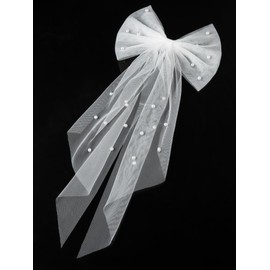 ZCYYYS Women Bow Veil White Short Wedding Bridal Pearl Veil Bachelorette Party Veils Bowknot Tulle Layer Hair Clip TSFJ38 (Bridal VeilB)