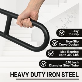 ybaymy Single Post Handrail 29.3" - 8.1" L x 35.6" H Railings for Steps Metal Outdoor Stair Railing Wrought Iron Handrails for Garage Entrance, Porch, Garden, Yard, Outdoor 1 to 3 Steps Stairs