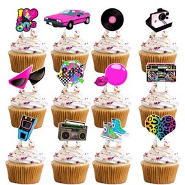 24pcs Double-sided Dessert Cupcake Topper Pick for Retro 80s Rock Roll Theme Theme Decor Supplies Boys Girls Happy Birthday Music Party Decorations
