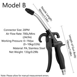 TopHomer Industrial Powerful Industrial Air Blow Gun, Stainless Steel Pneumatic Air Compressor Accessories Tool, Extended Dust Air Blower Gun, Nozzle Length 3.54in