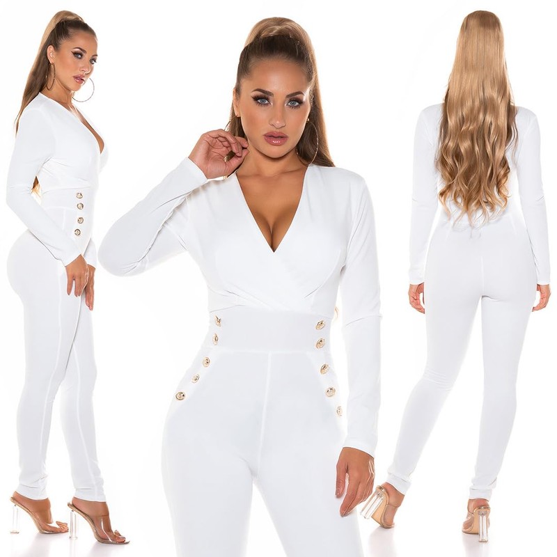 Koucla Women's Jumpsuit Elegant Jumpsuit Trouser Suit V-Neck Decorative Buttons,