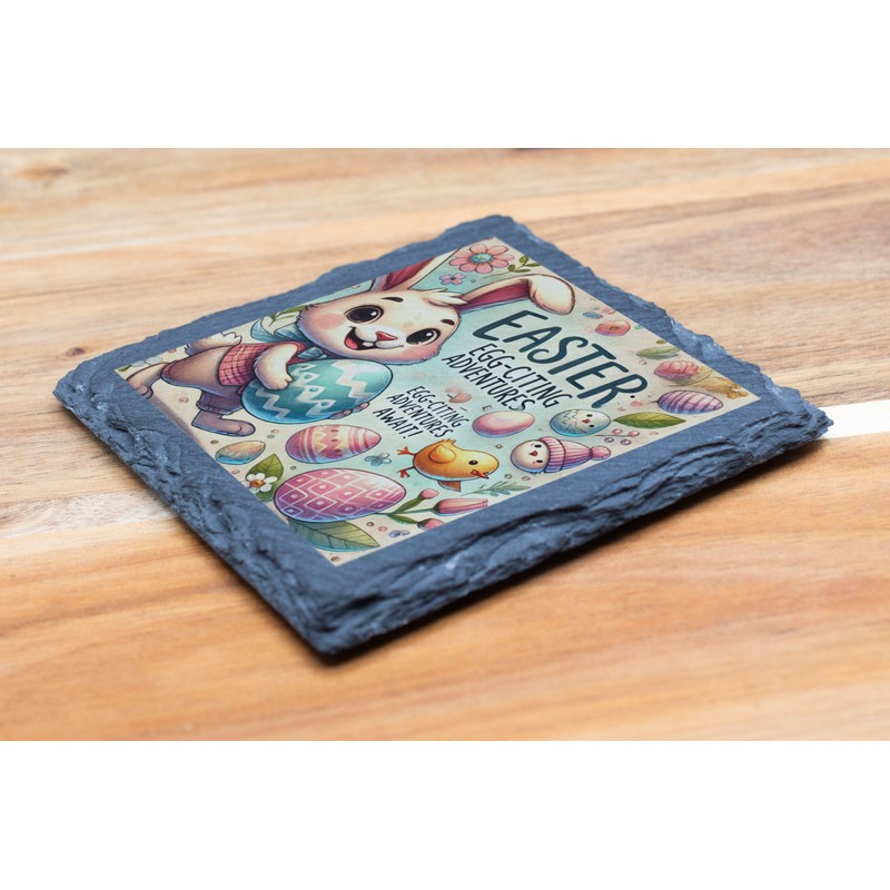Easter Egg-citing Adventures Bunny and Eggs Slate Coaster (slco-kf25-easterawaitshg)