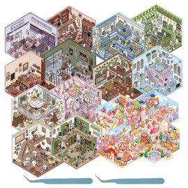 16 Sets of Sticker Scene, DIY 3D House Stickers with Tweezers, Miniature House Stickers, Creative DIY 3D House Stickers, Fun DIY Stickers Scene 3D Sticker Scene for Adults Children (C)