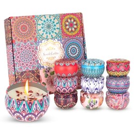Velas Aromáticas, Set de 9 Piezas, Flores secas Cera de Soja, Diseño Mandala, Caja de Regalo, Aromaterapia，Alivio Del Estrés y Relajación, para Yoga, Meditación, Navidad, Día de San Valentín