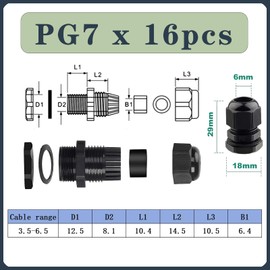 16 Sets PG7 Waterproof Nylon Cable Glands, Cable Gland, Plastic Nylon Compression Fittings, Integrated Waterproof Seal, Double Waterproof Effect, Suitable for