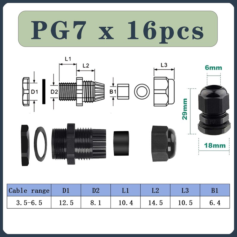 16 Sets PG7 Waterproof Nylon Cable Glands, Cable Gland, Plastic