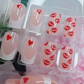 24pcs Valentine's Day Press On Nails, Glossy Medium Square Fake Nails, Love Heart Red Pink Lip Print With Design Press On Nails, Full Cover False Nails for Women Girls Valentine's Nail Decorations