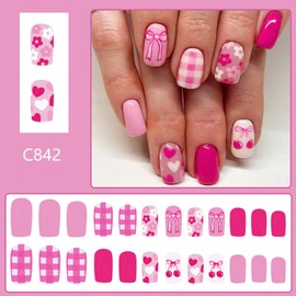 Cute Flower Press on Nails Pink Bow Heart Fake Nails Medium Square Glue on Nails Glossy Acrylic False Nails Reusable Stick on Nails for Women