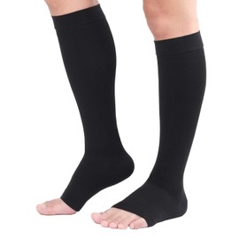 TOFLY® - Calcetines de compresión graduados médicos de 30-40 mmHg para hombres y mujeres, calcetines de compresión alta de punta abierta, soporte firme para recuperación de circulación, espinillas, venas varicosas, edema, lactancia, color negro, XXL