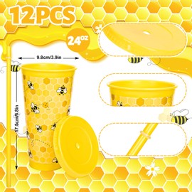 FYSUIMU 12 Pcs Bee Party Cups with Lids Straws Bumble Bee Honeycomb Plastic Tumblers Yellow Reusable Water Bottle for Iced Coffee Drinks Summer Travel, 24 Oz