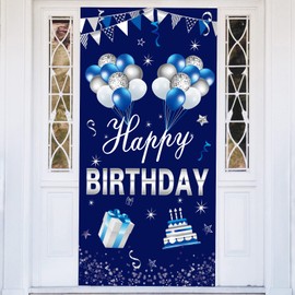 Turypaty Blue Silver Happy Birthday Door Banner Decorations for Men Boys, Happy Birthday Door Cover Sign Party Supplies, 16th 21st 30th 40th 50th 60th Birthday Background Photo Booth
