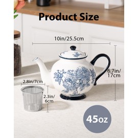 Magclay 45 Ounce Tea Pot with Infuser, Ceramic Blue and White Teapot