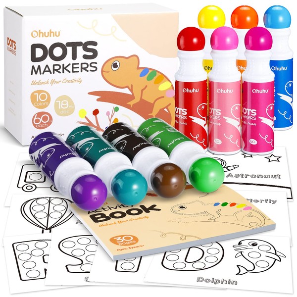 Ohuhu Washable Large Dot Markers for Toddler 10 Colors Bingo Daubers Updated Real Washable Ink 60 ml (2.02 oz) with 30 Pages Kids Activity Book for Kids Children (3 Ages +) Preschool Dot Art Markers