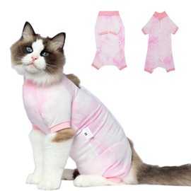 AOKAZI Cat Recovery Suit, Tie-dye Cat Shirts with Half Sleeve, Professional Bandages Cone E-Collar Alternative for Small Male & Female Dogs Pets, Cat Costume Clothes (Pinky White, Large)