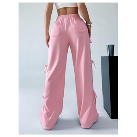 SHENHE Women's Wide Leg Baggy Sweatpants Elastic Waist Tie Bow Pants Loose Long Pants Pink Medium