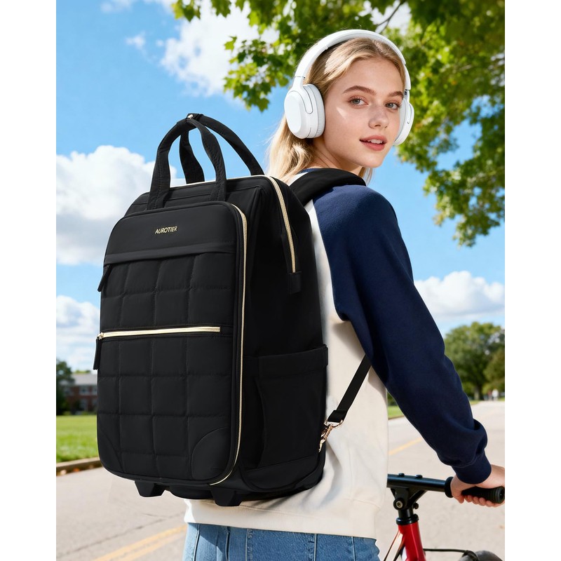 Rolling Puffer Backpack for Women, Wheeled Laptop Backpack, Short-Term Travel