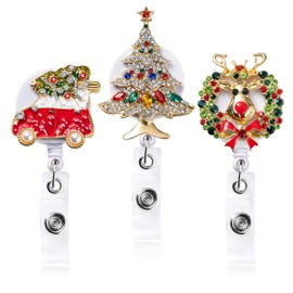 ANGOLIO 3Pcs Christmas Rhinestone Badge Reels Retractable, Christmas Tree Badge Reel ID Badge Holder Decorative Name Badge with Belt Clip for Students Teachers Girls Nurse Christmas Gift