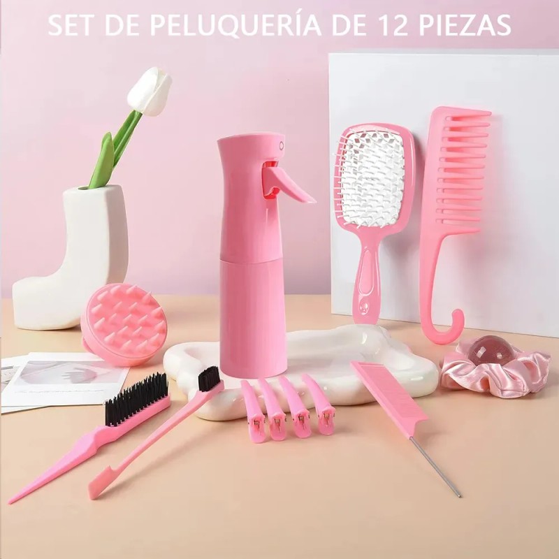 Kit 12 Piezas Peines Cepillos Atomizador Y Pinzas Cabello