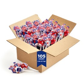 PartyWorks Patriotic Candy Lollipops, Independence Day, July 4th Suckers - 6-Pound Box (105 Pieces) - Blue Raspberry, Cherry, Vanilla Flavors - Gum-Filled Pops