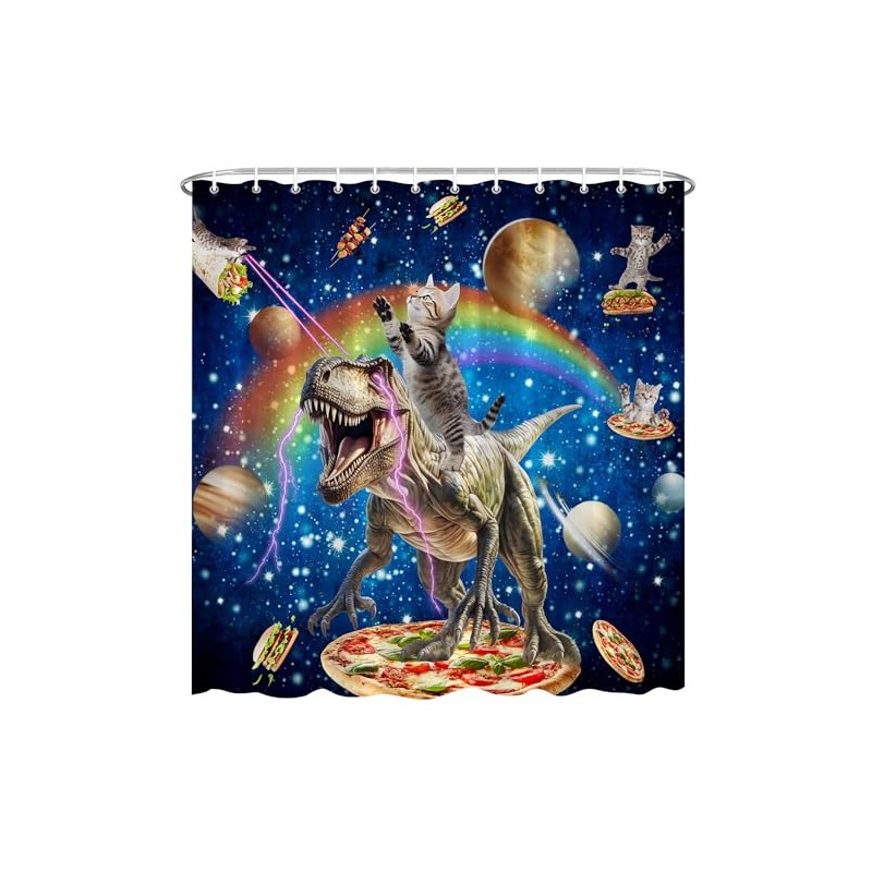 EUBTPA Funny Animal Shower Curtain Fun Cat Riding Dinosaur Fantasy