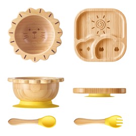 BABY REMEMBER Suction Plates Bowls Set for Baby Toddler Non-Toxic Bamboo Feeding Set with Silicone Fork & Spoon (Yellow Feeding Set)