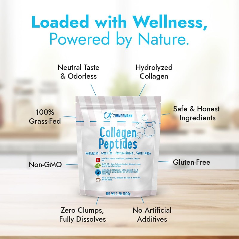 Zimmermann Collagen Peptides Powder 2.2lb 1000g, Produce of Switzerland, Grass