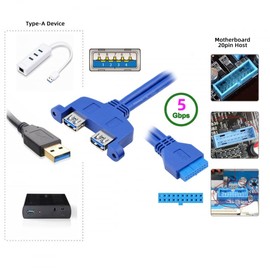 CY Cable Internal Dual Ports USB 3.0 Female Mount Panel to Motherboard 20pin Baffle Cable with PCI Bracket 50cm