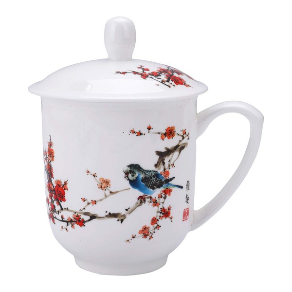 fanquare Flowers and Bird Painting Ceramic Tea Cup, Handmade Floral Porcelain Tea Cup with Lid, 300ml