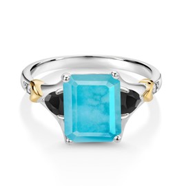 Gem Stone King 925 Silver and 10K Yellow Gold Green Turquoise and Black Onyx and Diamond Engagement Ring For Women (2.56 Cttw, Emerald Cut 10X8MM, Trillion 3.5MM) (Size 9)