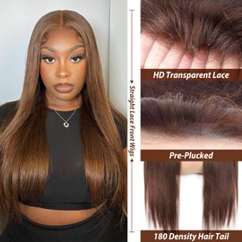 13x6 Chocolate Brown Lace Front Wig Human Hair HD Transparent Straight Lace Front Wigs Human Hair Pre Plucked Brown Wig Human Hair Colored #4 Frontal Wigs Human Hair (16 Inch)