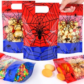 Sweetude 50 Pcs Spider Gift Bags Double-sided Print Plastic Bags with Handles Resealable Theme Sealed Pouch for Birthday Baby Shower Candy Gift Wrapping Supplies Decor (Red Blue Spider)