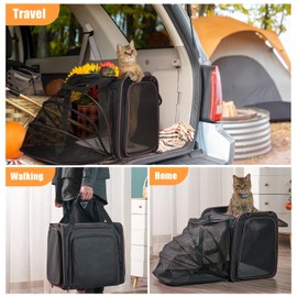 Large Cat Travel Carrier with Litter Box, 17.3"×13"×16" Expandable Cat Carrier for Car Travel, Soft Sided Pet Carrier for Cats/Puppies up to 25lbs, Black
