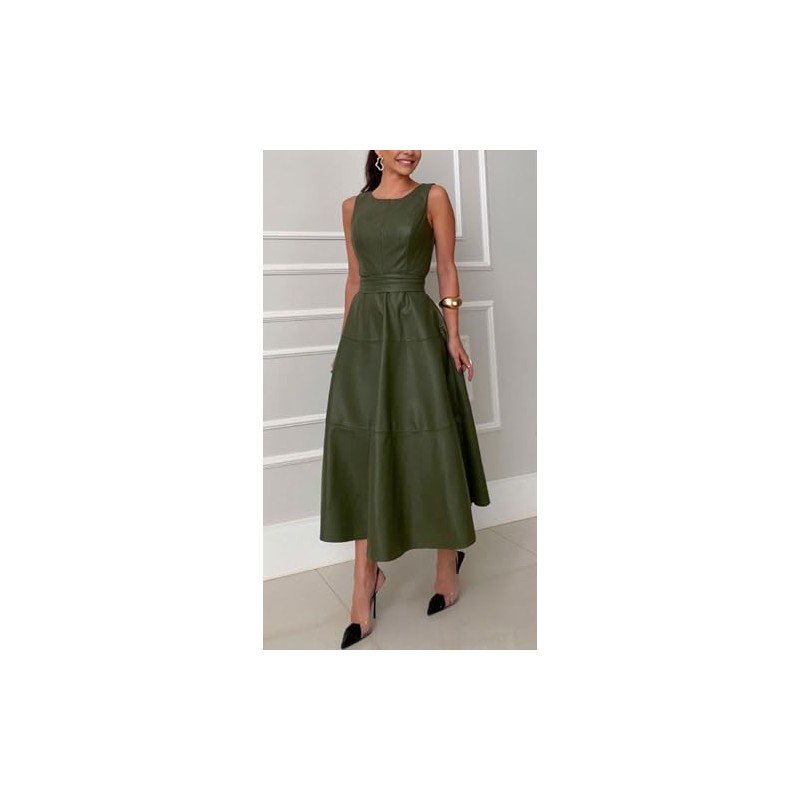 CHARTOU Women PU Faux Leather Sleeveless Elegant Flowy Long Dress