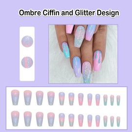 ANDGING Press on Nails Coffin Short Medium Ombre Pink Fake Nails with Glitter Colorful Design Gel Glue on Nails for Women Acrylic False Nails with Glue Stick on Nails for Wedding Birthday 24Pcs CCD88