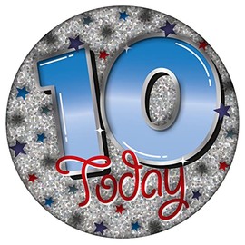 Age 10 Birthday Badge Blue, Red And Silver Holographic Recyclable 10th Birthday Party Badge