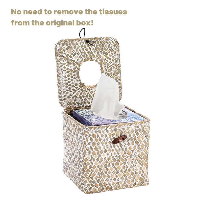 Sumnacon Tissue Box Cover Square Seagrass Tissue Box with Lid,