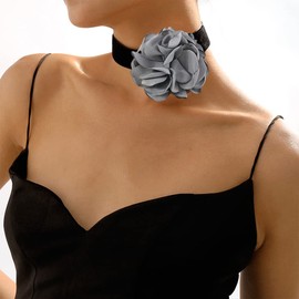 Dtja Vintage Rose Flower Choker Necklace for Women Gothic Black Velvet Ribbon Camellia Blossom Charm Chain Adjustable Comfort Fit Retro Wedding Mother's Costume Party Jewelry (Haze Blue)