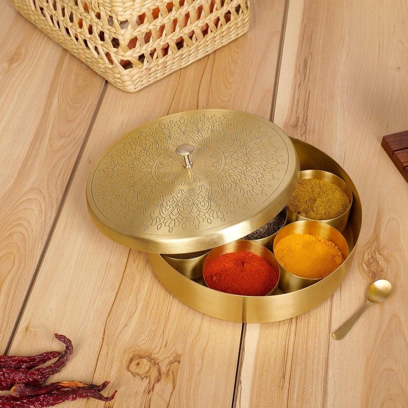 SEMPYIX Brass Masala Box Dabba with Spoon Container 100ML-Spices Storage