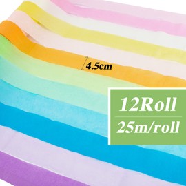 BETESSIN 12 Rolls of Crepe Paper Colourful Crepe Tape per Roll 25 m x 45 mm Maypole Ribbons Rainbow Decorative Paper 12 Colours Crepe Ribbons Craft Crepe Paper Paper for Wedding Party Christmas
